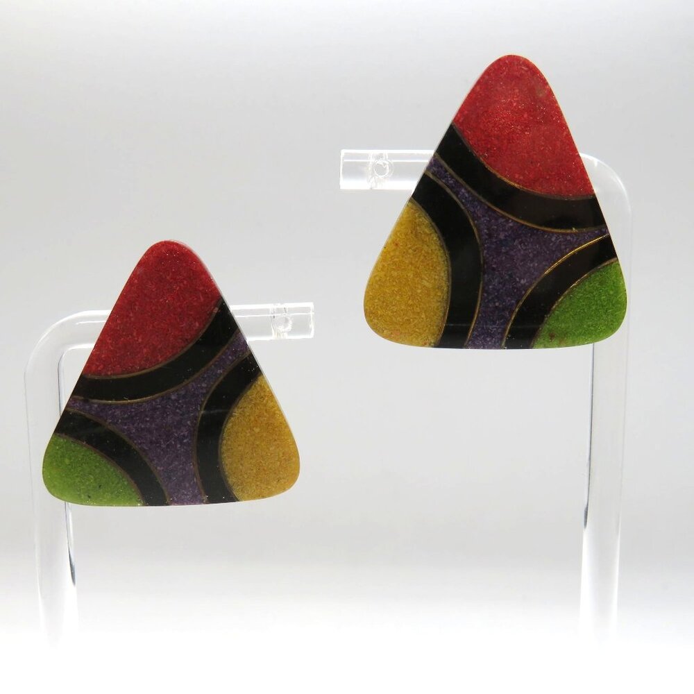 Vintage 90s Earrings Pierced Triangular Colorful Abstract Statement‎ Design